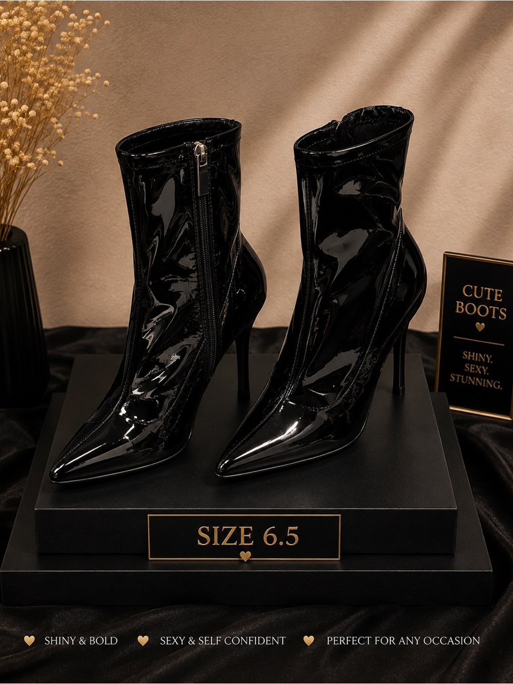 Mixx Shuz Black Patent Pointed Ankle Stiletto Boots